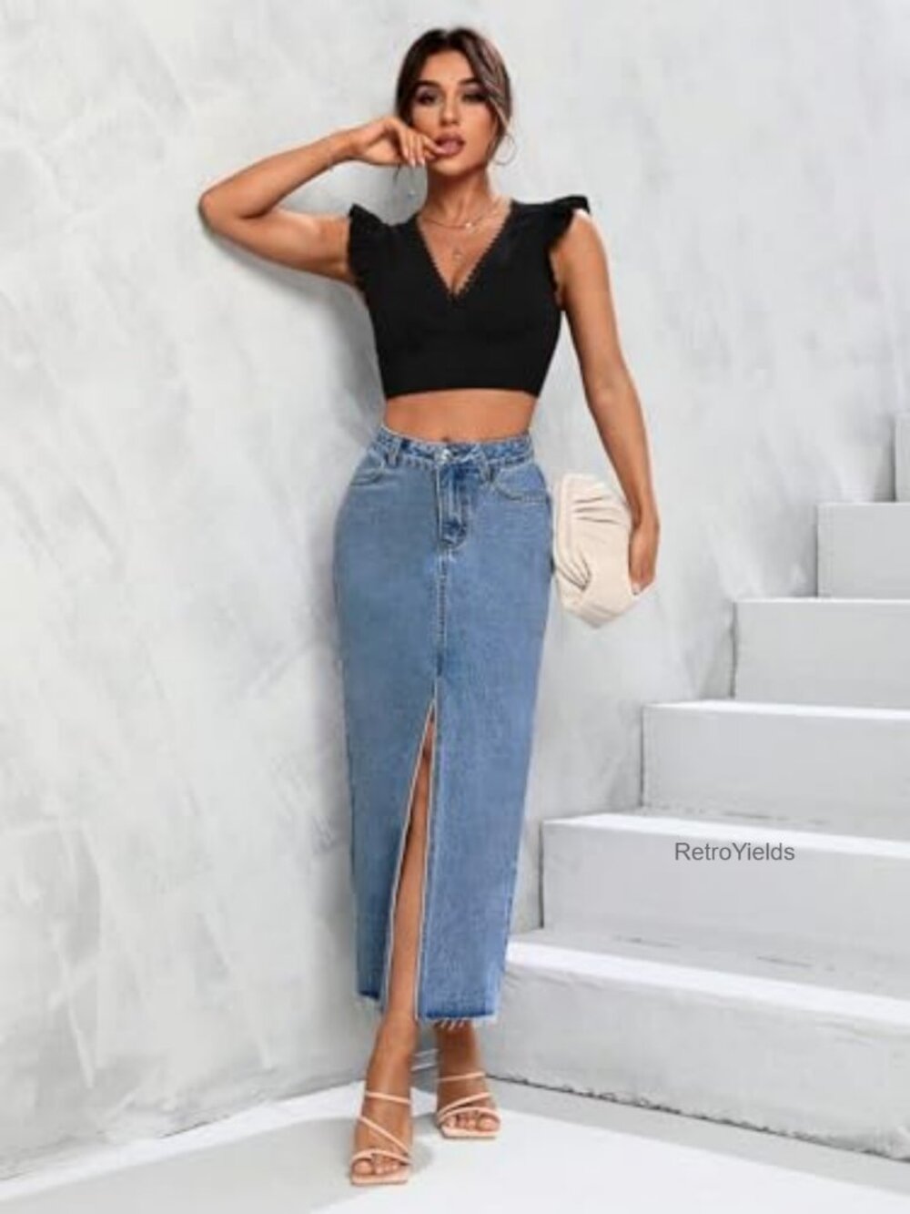 High Waist Stretch Maxi Denim Skirt Front Split Frayed Raw Hem A Line Casual - Picture 5 of 7